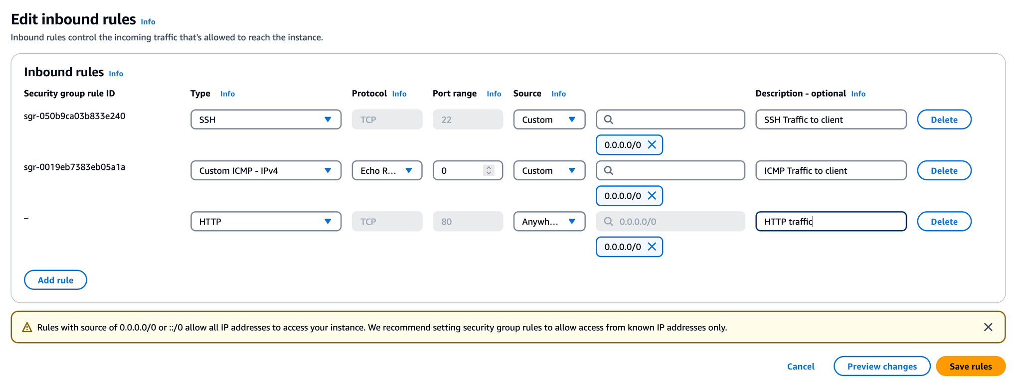 AWS Security Group configuration showing port 80 open - Zoomed