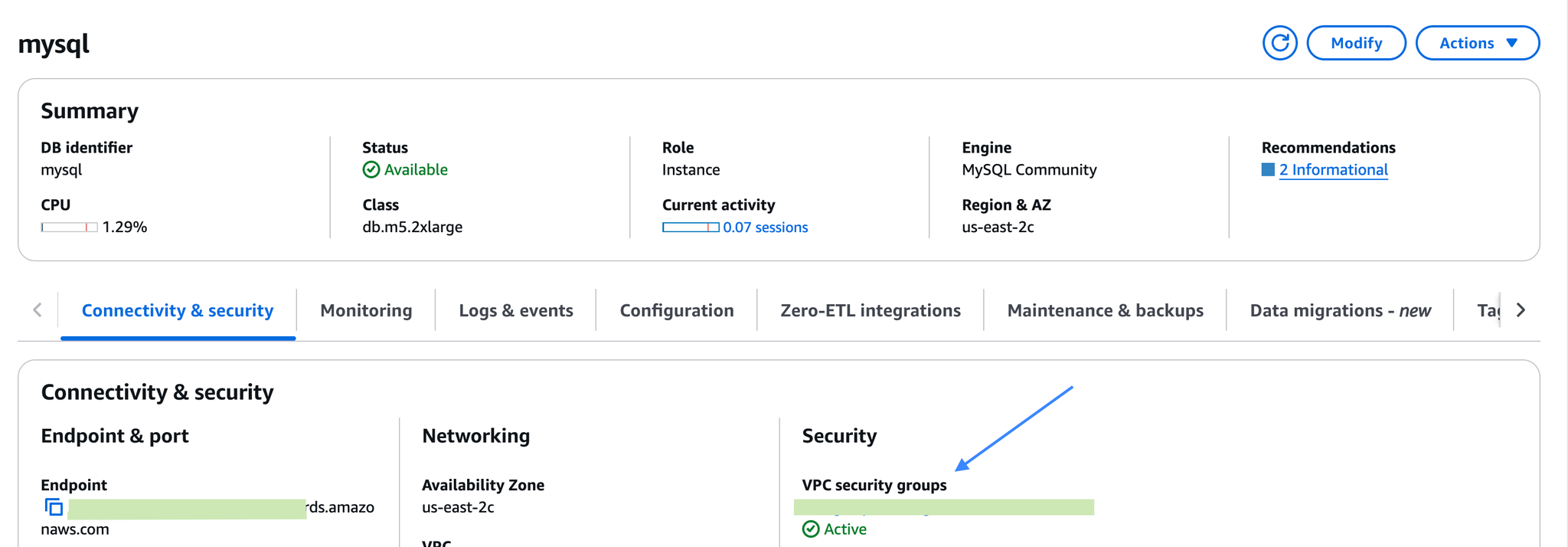 Where to find security group in RDS? - Zoomed